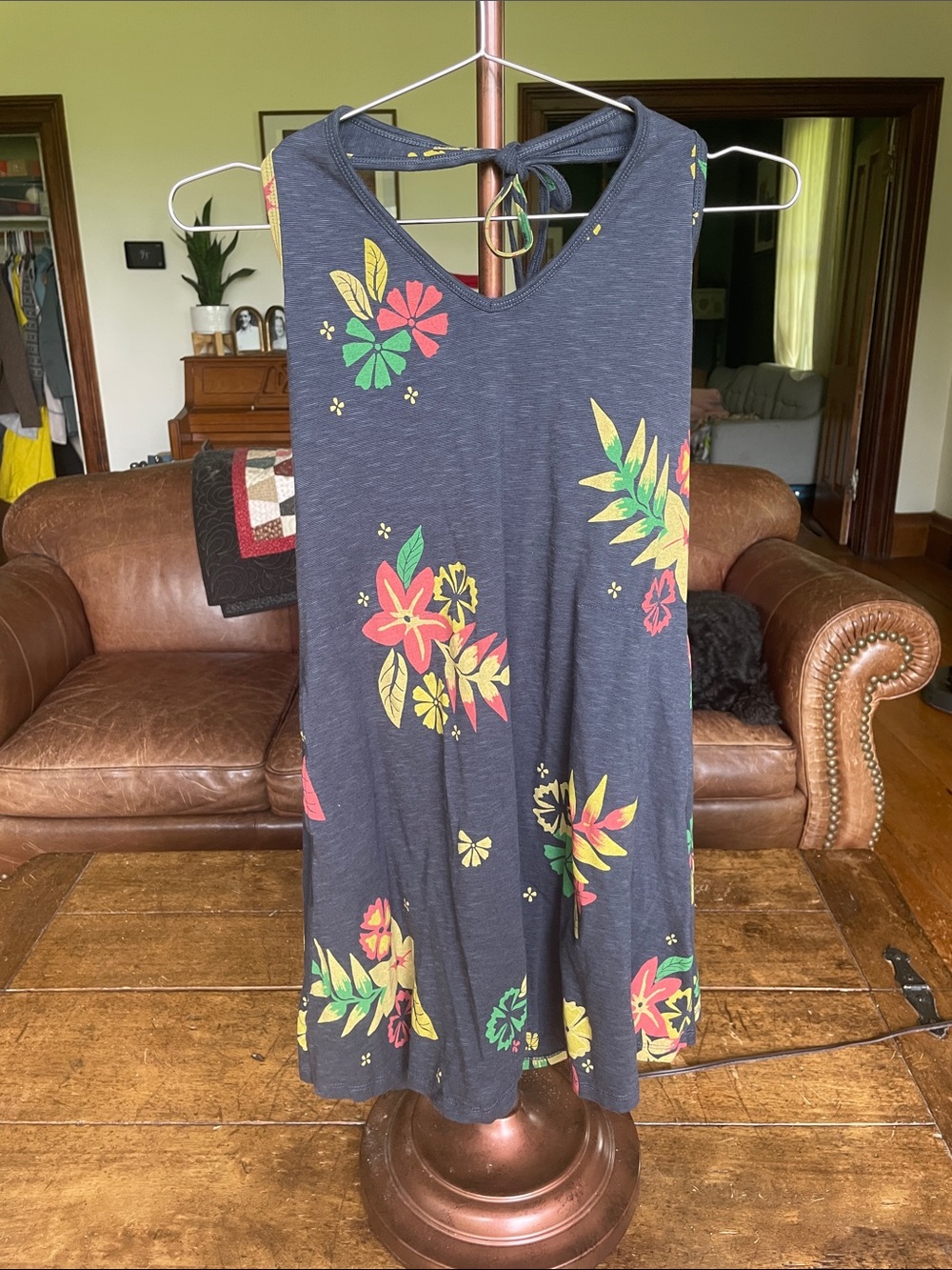 Sleeveless Floral Tie-Back Dress in Navy with Bright Floral Print